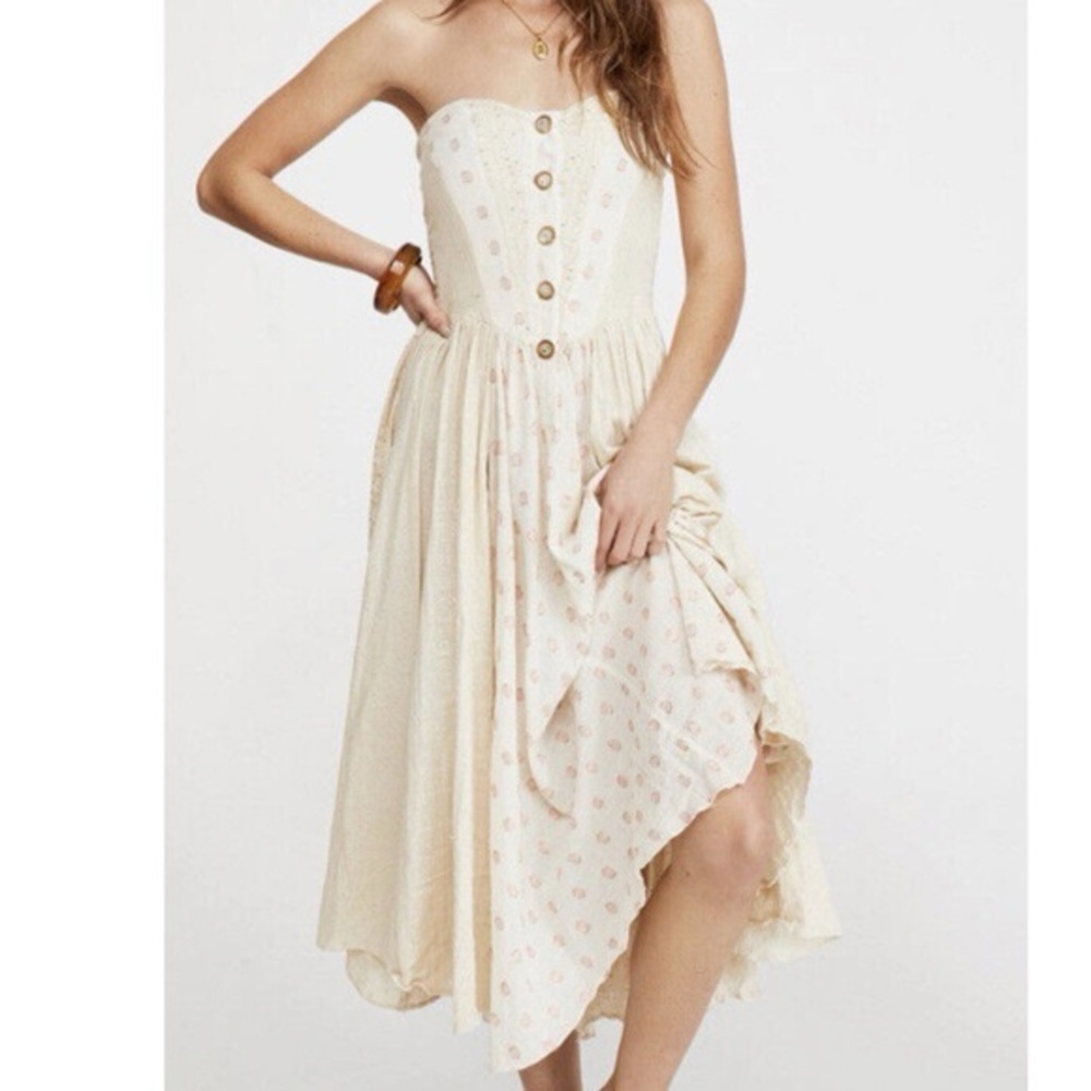 Free People Size XS Beige with pink sparkle Polka Dot Strapless dress